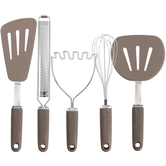 Martha Stewart 5-Piece Taupe Stainless Steel and Silicone Kitchen Utensil Tool Set